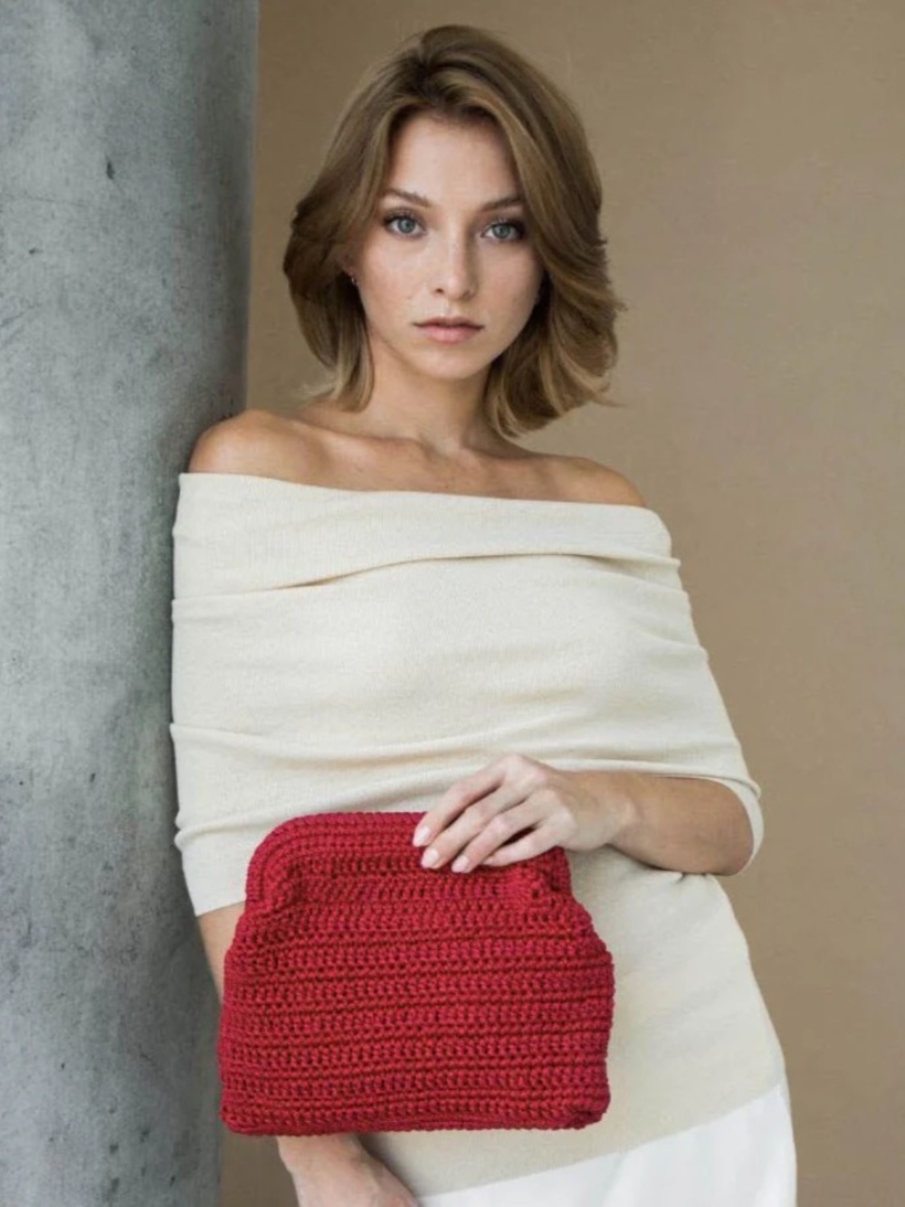 Binge Knitting Paloma Woven Pouch Clutch Handbag Ruby Red Frame Hinge Closure